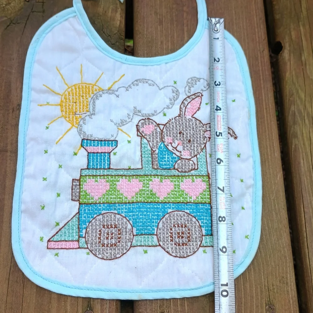 Vintage Bucilla Baby Bib Cross Stitch Bunny Rabbit On Train Unisex